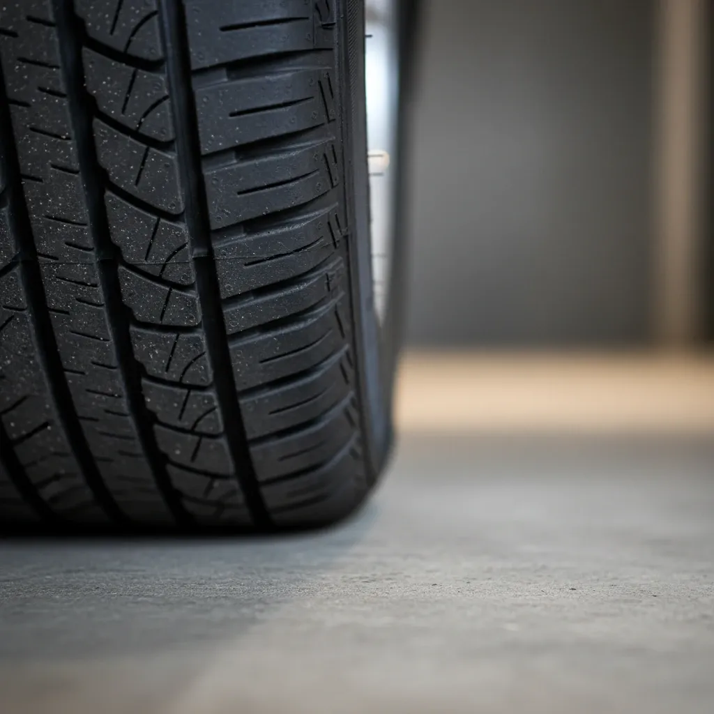 Macro photo of car tire tread on smooth concrete, highlighting rubber texture for vehicle storage maintenance checks.